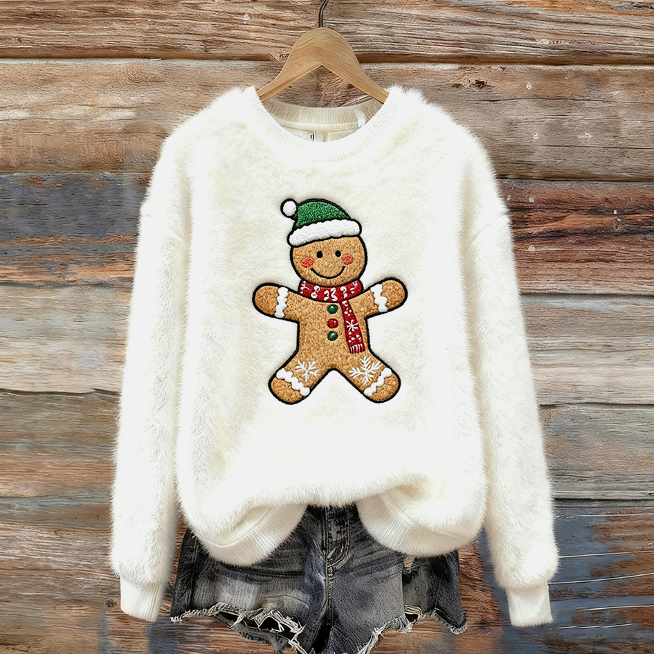 Lady Christmas Winter Warmth Round Neck Flannel Sweatshirt