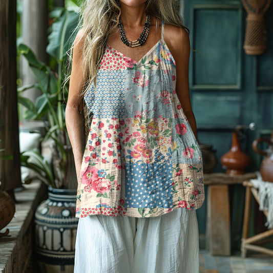 Women's Floral Patchwork Art Linen And Cotton Camisole artswardrobe