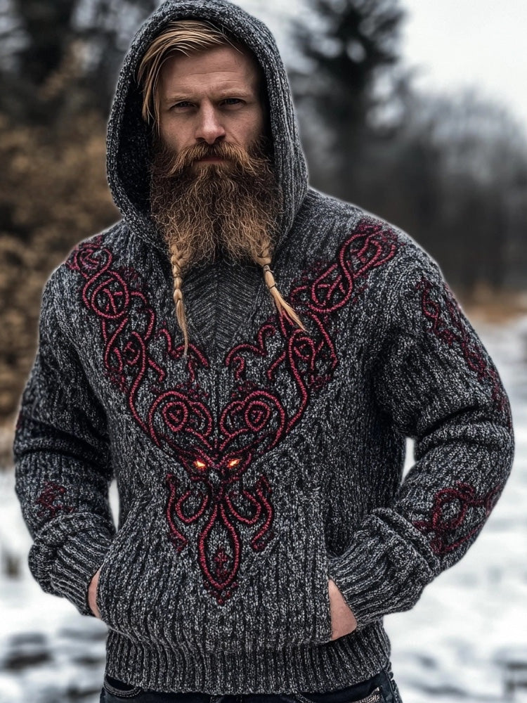 Men's Viking Inspired Embroidered Cozy Chunky Hooded Sweater elevenforest