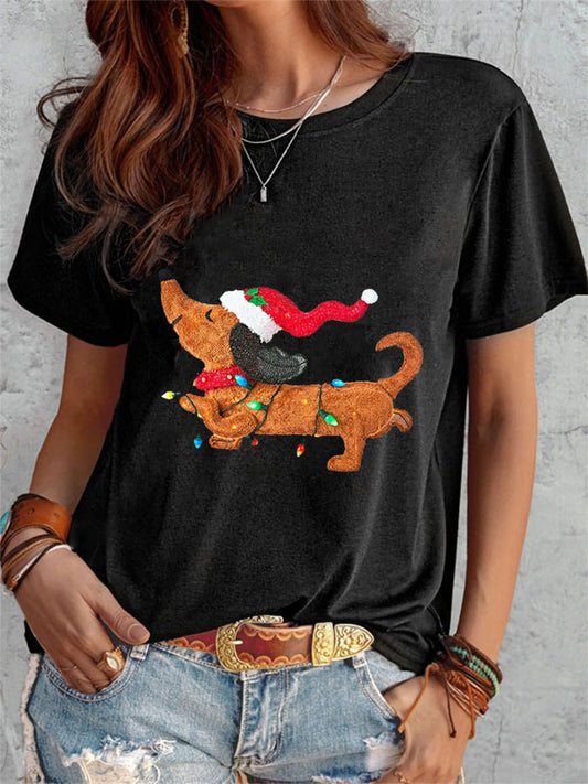 Comstylish Women's Merry Christmas Cute Dog Print T-Shirt