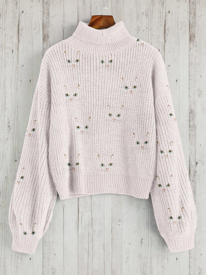 Cute Cat Face Pattern Warm Turtleneck Sweater elevenforest