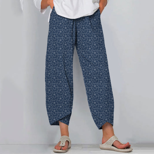 Comstylish Japanese Embroidery Flowers Art Cropped Casual Pants