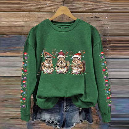 Comstylish Women's Christmas Squirrel Print Crew Neck Sweatshirt