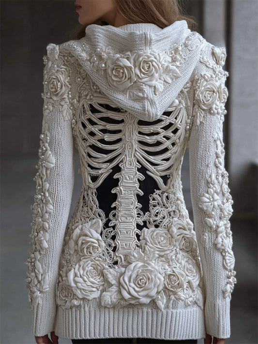 Classy White Roses Beaded Skeleton Hooded Cozy Knit Cardigan artswardrobe