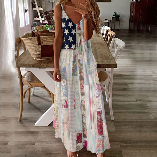 Women's Vintage Independence Day Flag Floral Patch Boho Dress artswardrobe