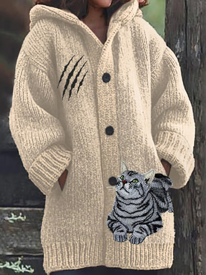 Comstylish Women's Retro Funny Animal Cat Print Cozy Knitted Hoodie Jacket