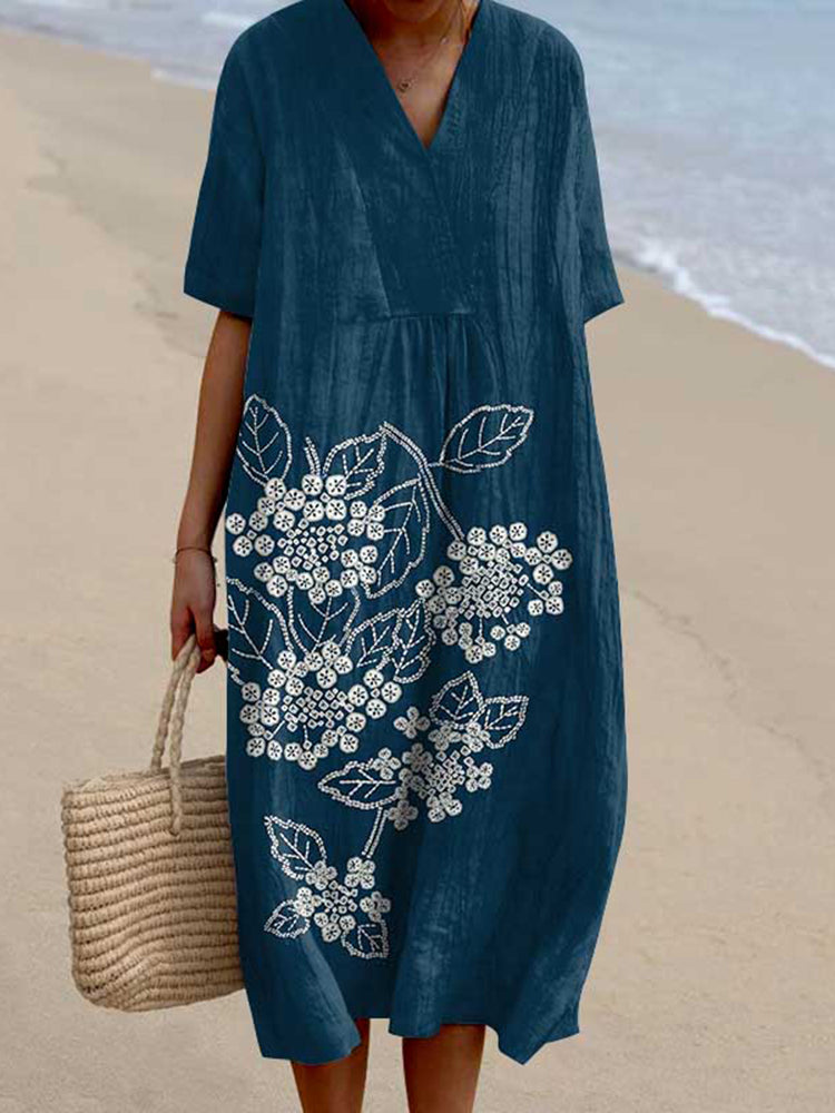 Vintage Floral Art Casual V Neck Midi Dress