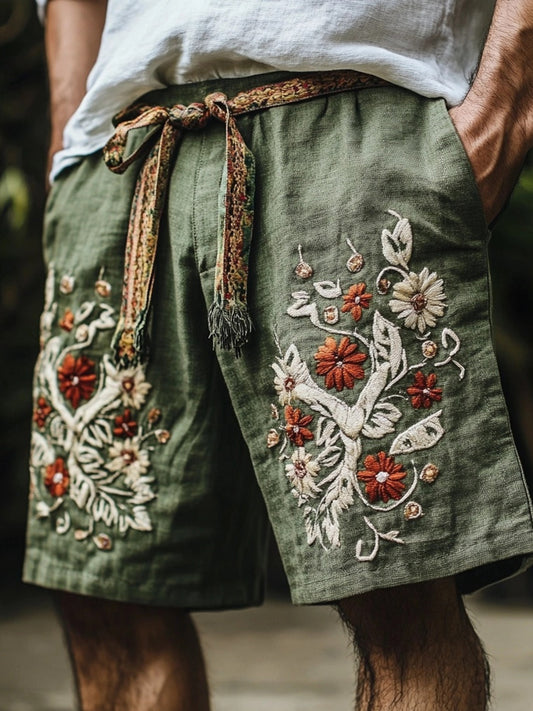 Men's Vintage Floral Embroidered Linen Blend Comfy Shorts artswardrobe
