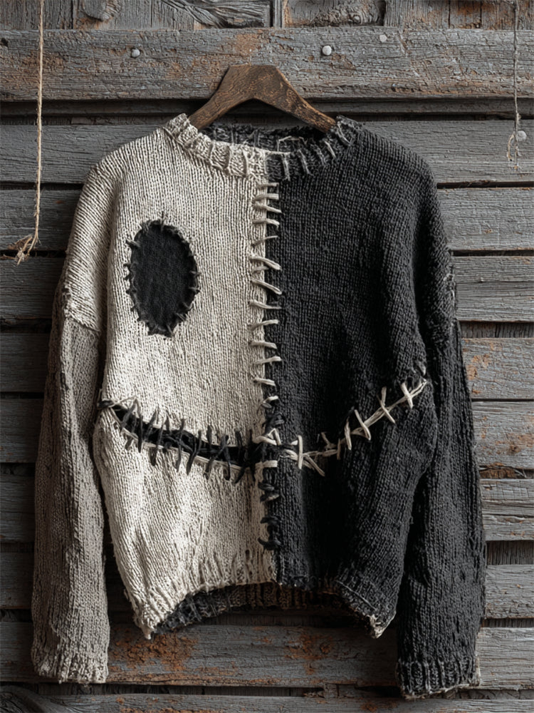 Halloween Spooky Face Contrast Stitched Cozy Knit Sweater artswardrobe