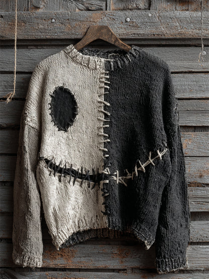 Halloween Spooky Face Contrast Stitched Cozy Knit Sweater artswardrobe