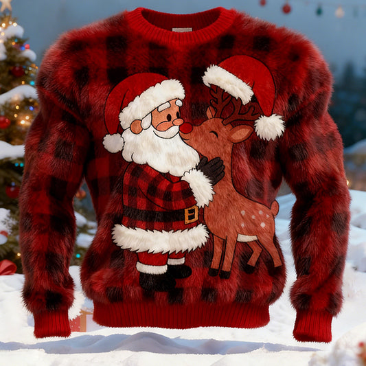 Comstylish Men's Ugly Christmas Santa Claus Reindeer Plaid Pattern Plush Sweatshirt
