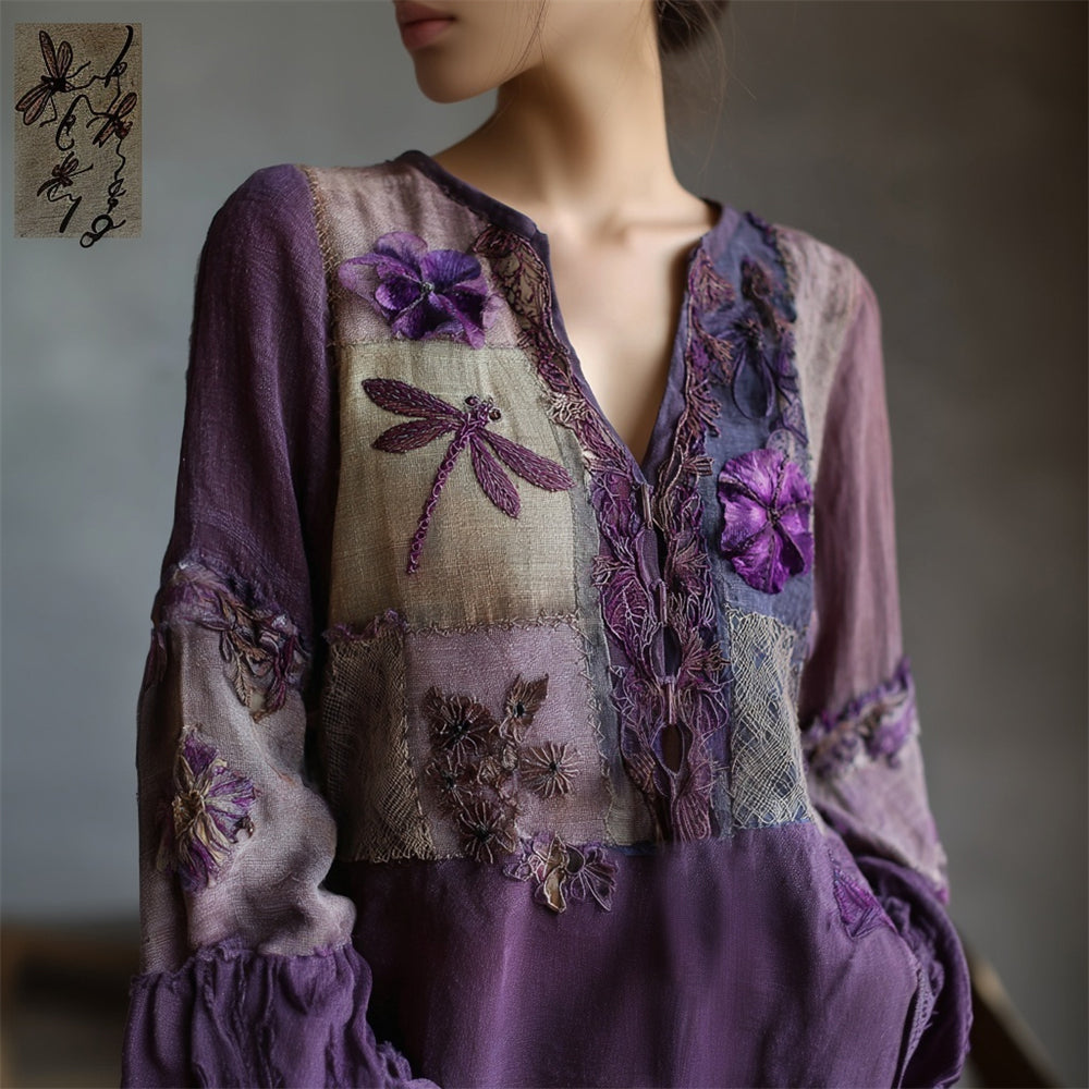 Comstylish Boho Dragonfly Floral Patchwork Embroidery Women's V-neck Linen Long Sleeve Shirt