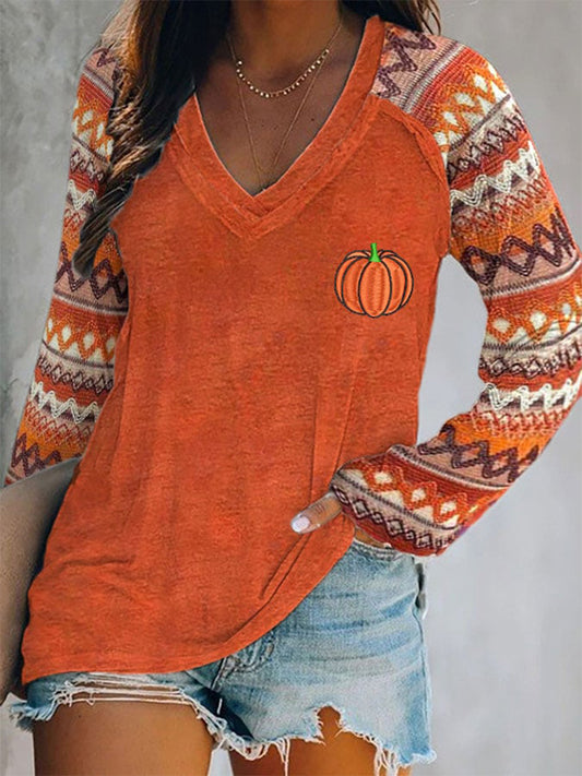 Women's Fall Retro Geometric Pumpkin V Neck Top artswardrobe