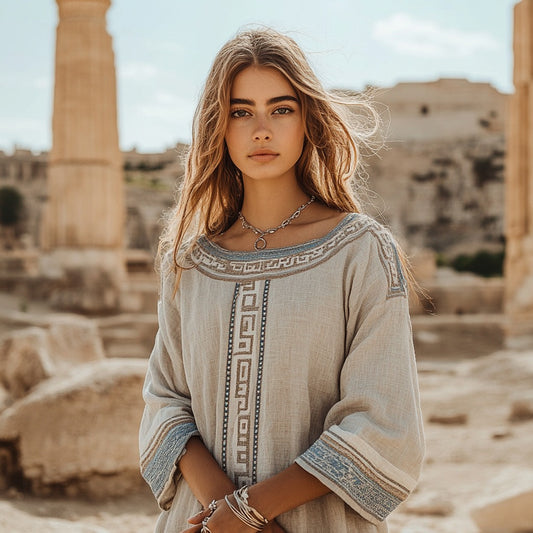 Retro Greek Key Linen Blend Crew Neck T-shirt artswardrobe