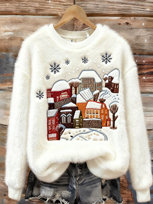 Lady Christmas Winter Warmth Round Neck Flannel Sweatshirt
