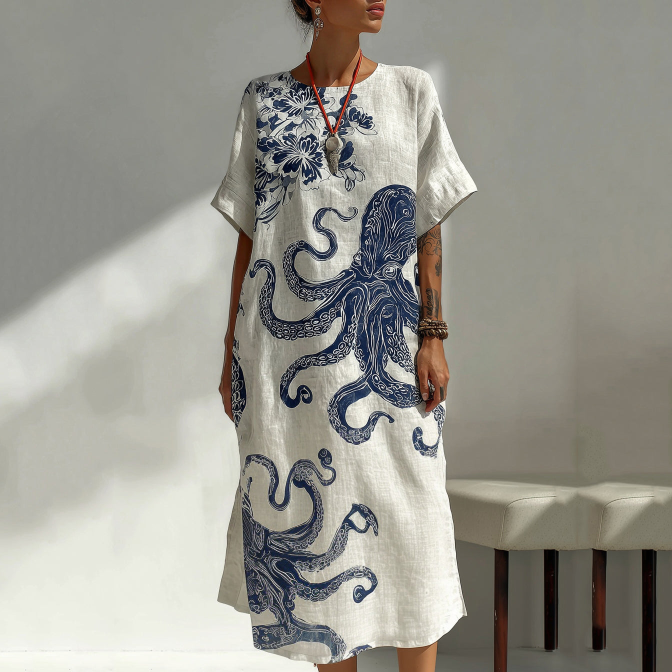 Comstylish Women's Japanese Art Ocean Octopus Floral Linen Blend Midi Dress