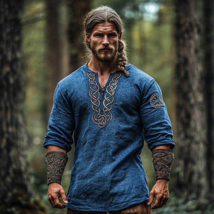 Men's Vintage Viking Symbol Linen V-neck Shirt artswardrobe