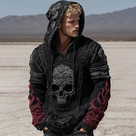 Men's Retro Skull And Flame Inspired Knitted Cozy Hooded Sweater artswardrobe