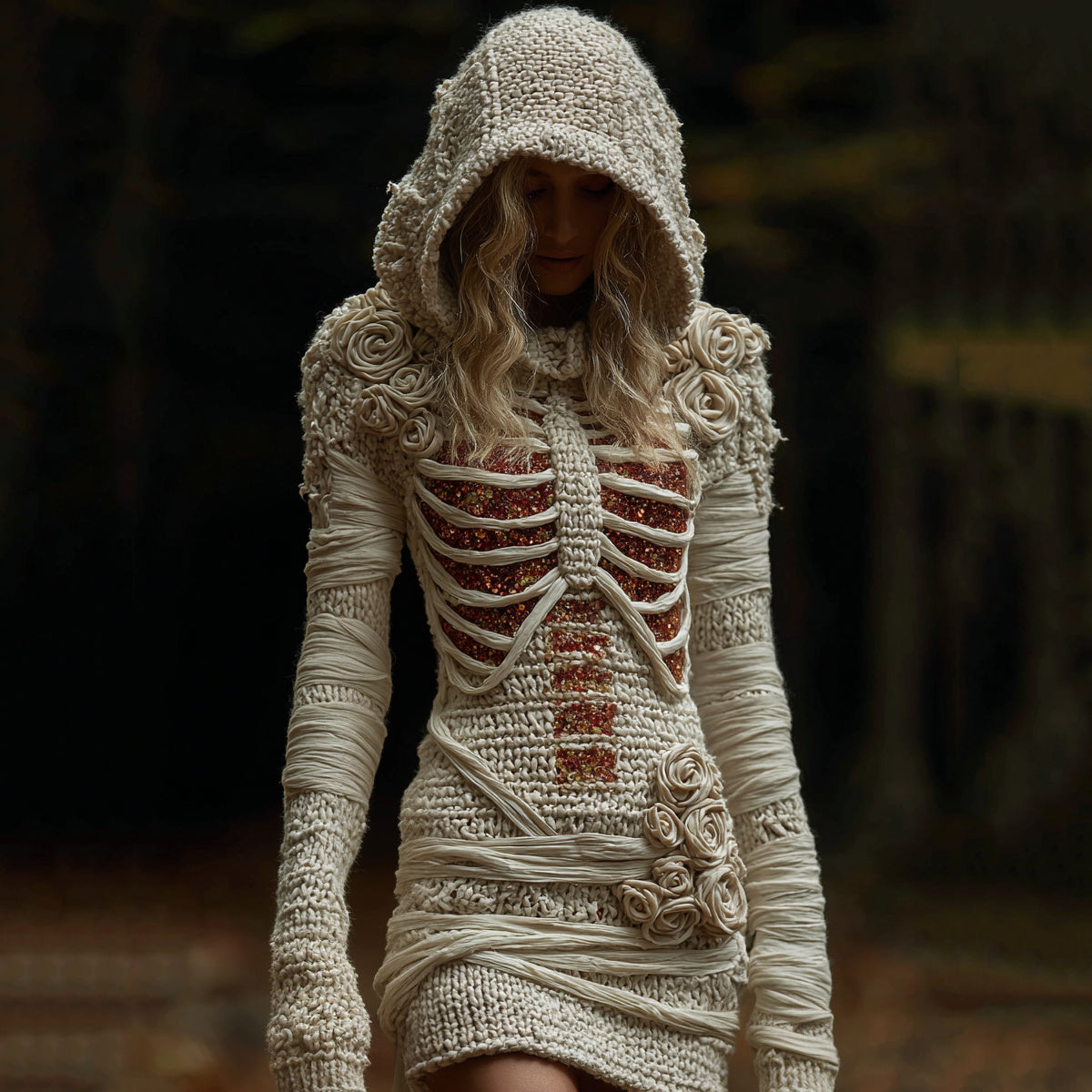Women's Halloween Anatomy Bandage Rose Art Cozy Knit Hooded Sweater Dress artswardrobe