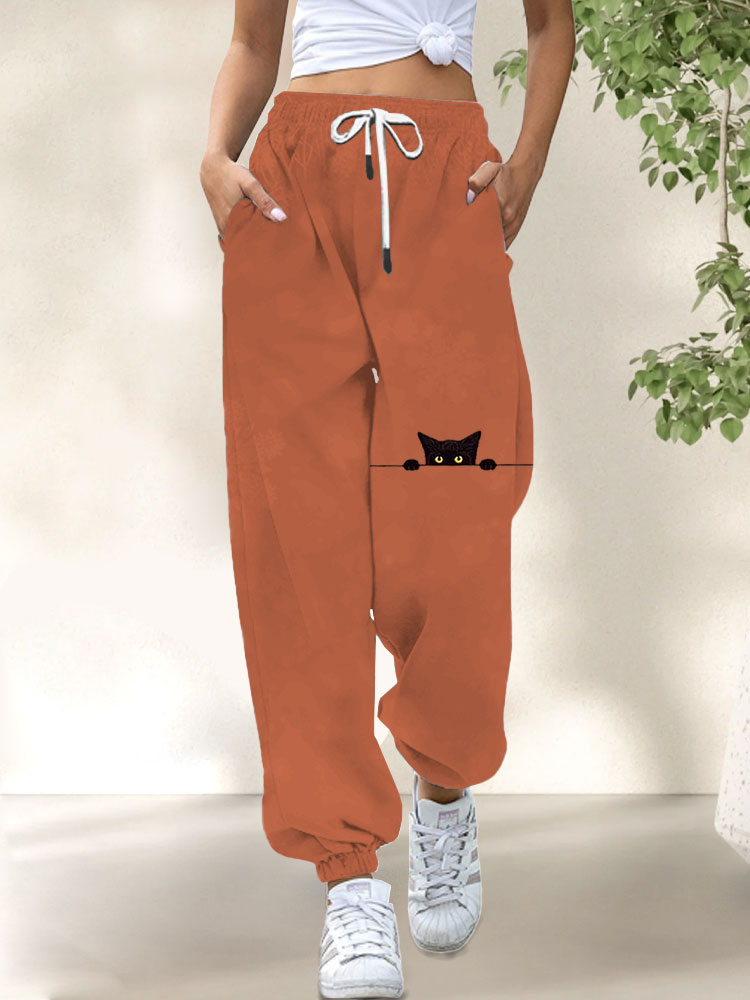 Women's Casual Funny Black Cat Print Pants elevenforest