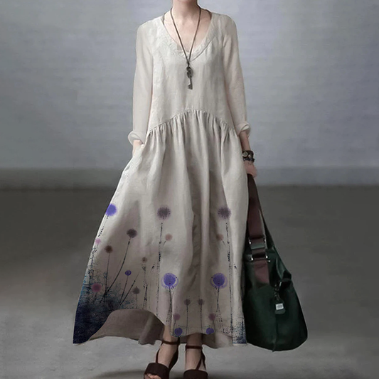 Comstylish Vintage Floral Print V-Neck Long Sleeve Midi Dress