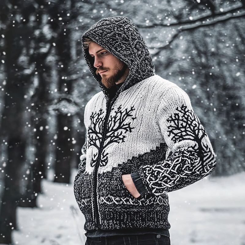 Men's Viking Tree Of Life Style Knitted Warm Hooded Cardigan Sweater elevenforest