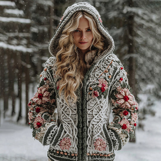 Women's Celtic Knot Christmas Flower Winter Violin Jacquard Zipper Hooded Sweater artswardrobe