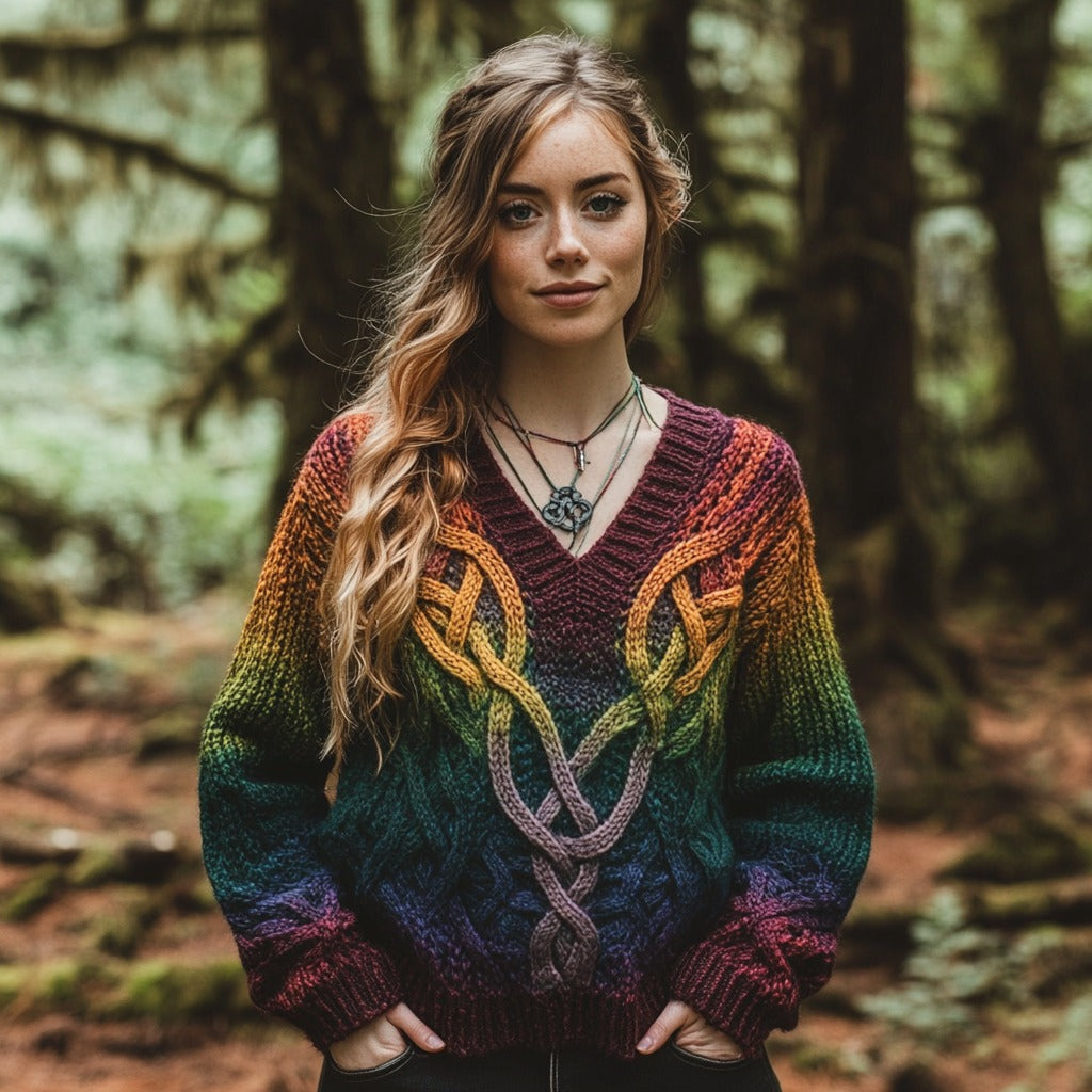 Vintage Rainbow Gradient Celtic Knot Chunky V-neck Aran Sweater artswardrobe