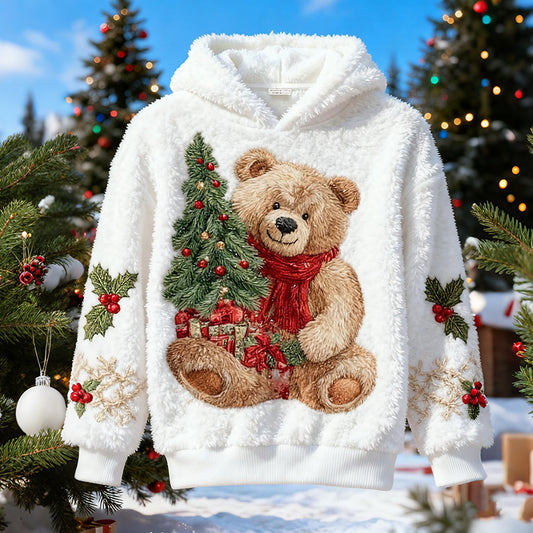 Comstylish Fun Bear Christmas Tree Pattern Men's Flannel Hoodie