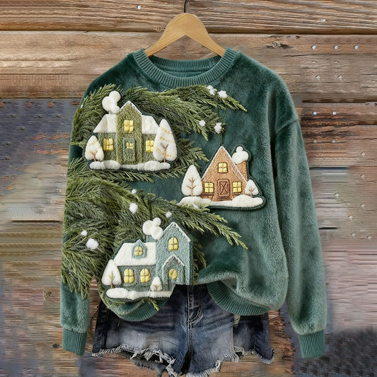 Women's Little Christmas House On Pine Branches Art Cozy Plush Sweater