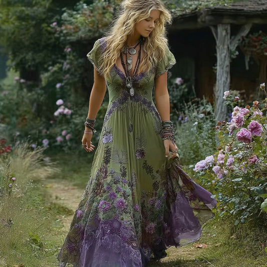Women's Vintage Gradient Violet Floral Casual V-neck Dress artswardrobe