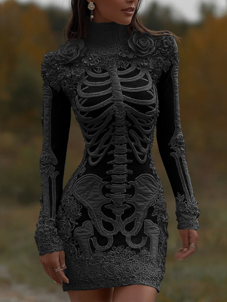 Comstylish Comstylish Women's Halloween Skeleton Bones With Rose Art Cozy Knit Turtleneck Mini Sweater Dress