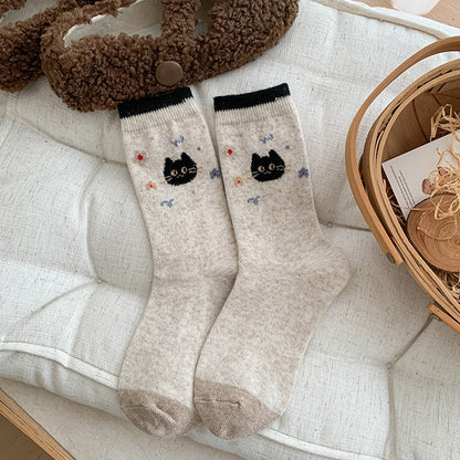 Comstylish Cute Cartoon Cat Wool Mid-calf Socks