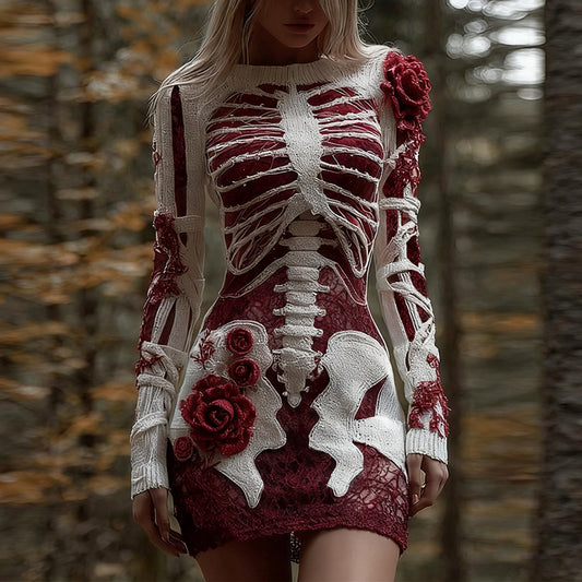 Comstylish Classy Bloody Roses Skeleton Art Bandages Knit Sweater Dress