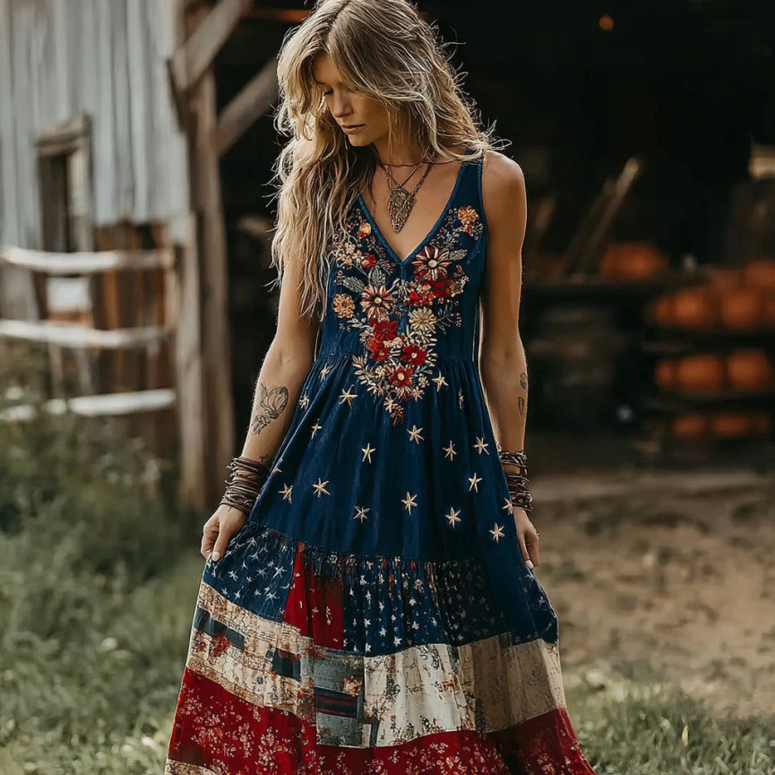 Independence Day Floral Patchwork Print V-neck Tank Midi Dress artswardrobe