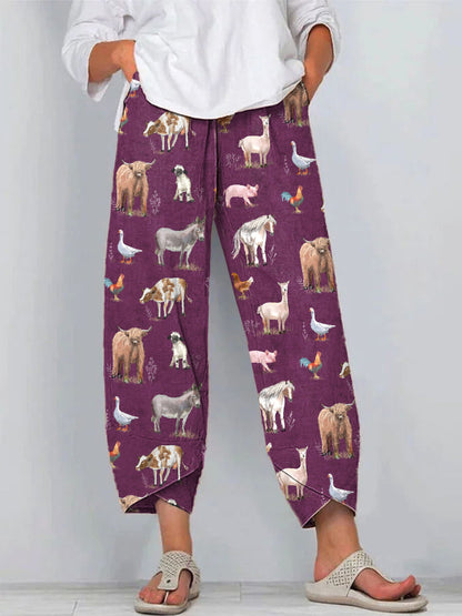 Farm Animals Print Linen Blend Casual Pants artswardrobe