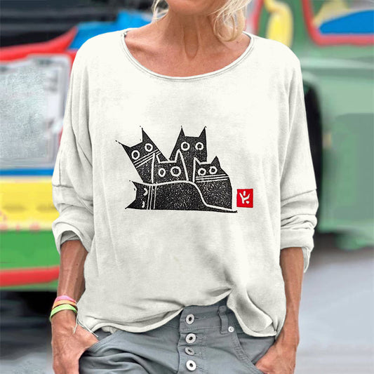 Comstylish Cute Cat Family Pattern Vintage Washed T Shirt