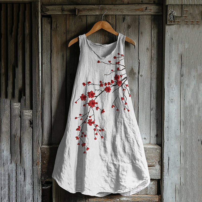 Vintage Cherry Blossom Art Linen Tank Dress artswardrobe