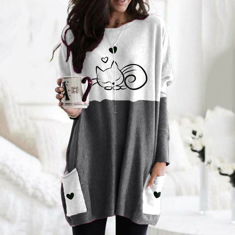 Comstylish Cute Cat Print Long Sleeved Tunic