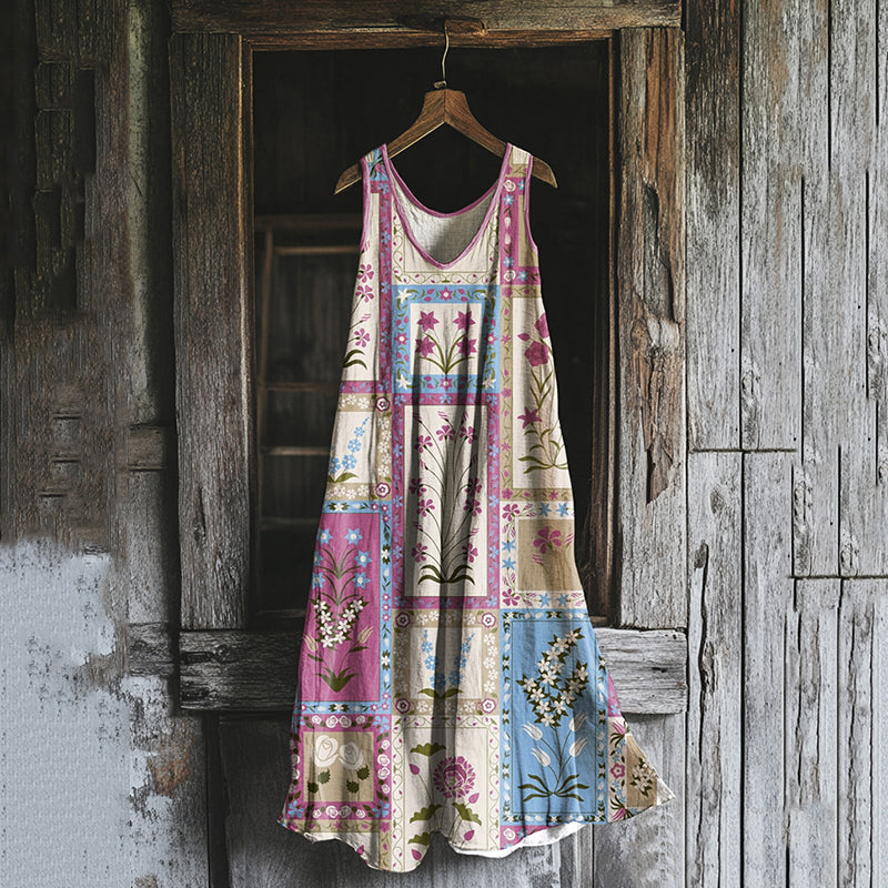 Women's Retro Geometric Floral Cotton And Linen Sleeveless Dress artswardrobe