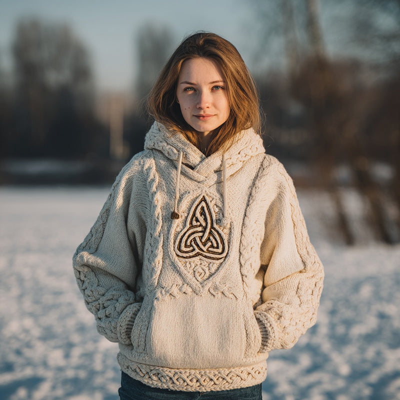 Women's Vintage Viking Celtic Trident Rune Knit Hooded Sweater artswardrobe