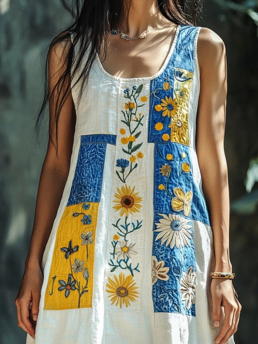 Vintage Floral Embroidered Women's Linen Vest Dress artswardrobe