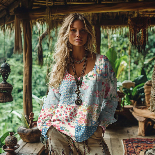 Comstylish Retro Bohemian Resort Floral Patchwork Art Print Cotton And Linen Blend Loose Blouse
