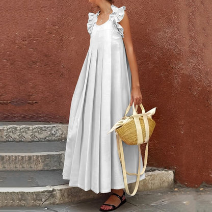Women's Simple Ruffled Solid Cotton And Linen Sleeveless Loose Long Dress artswardrobe