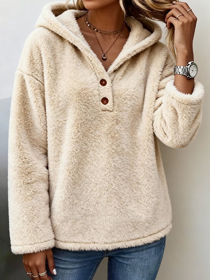 Women's Casual Hooded Solid Color Plush Jacket 