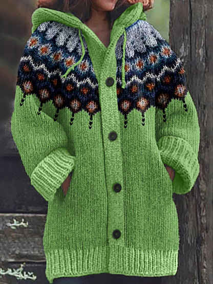 Retro Geometric Knitted Button Down Cozy Hoodie Sweater elevenforest
