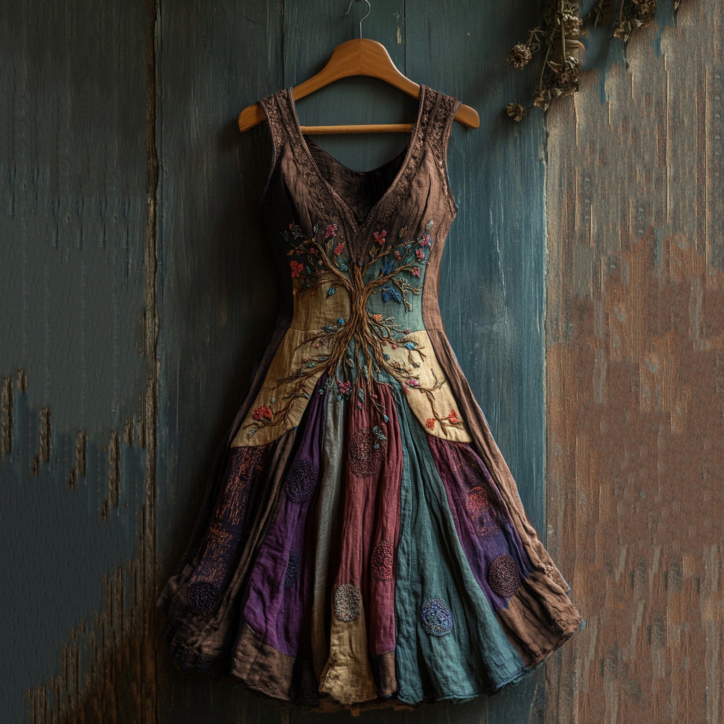 Women's Viking Celtic Knot Art Tree Of Life Patchwork Linen Midi Dress artswardrobe