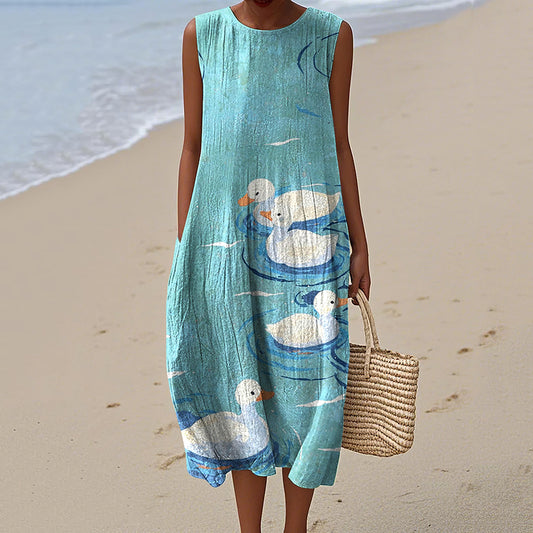 Vintage Loose Vintage Cute Duck Art Linen Tank Dress artswardrobe