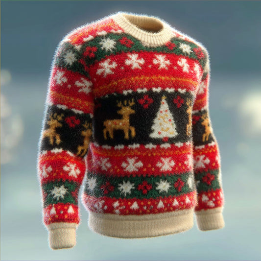 Comstylish Men's Christmas Christmas Tree And Reindeer Comfortable Crew Neck Plush Sweatshirt