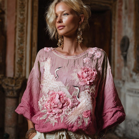 Comstylish Vintage Crane And Peony Gradient Art Linen Three-quarter Sleeves Shirts